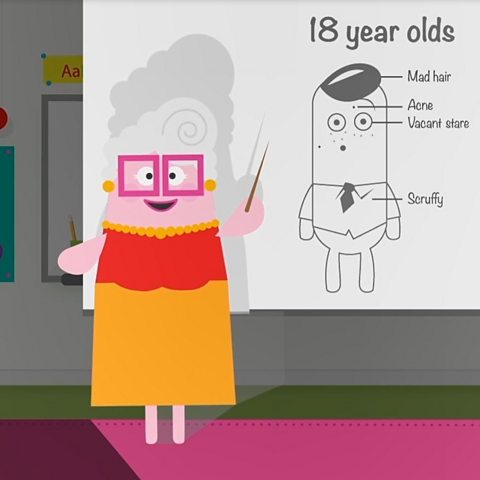 Animated image of teacher pointing to a diagram of an eighteen year old boy