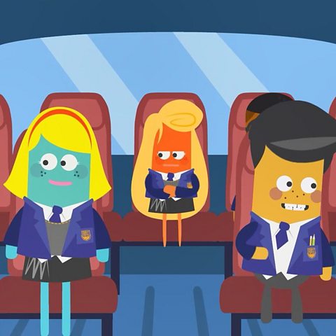 Animated image of school children sat on a bus