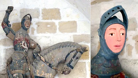 EPA Recently released images show a sculpture of St George at a church in Navarra, Spain – before and after its botched restoration (Credit: EPA)