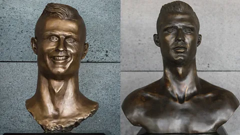 EPA After a new bust of Cristiano Ronaldo (right) was unveiled at Madeira airport, a petition was launched to bring back the derided bust it had replaced (left) (Credit: EPA)