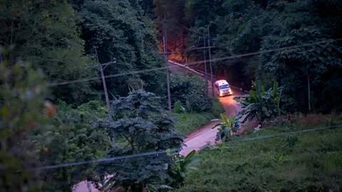 Getty Images Ambulances carry two of the boys freed from the Tham Luang Nang Non cave site to hospital (Credit: Getty Images)