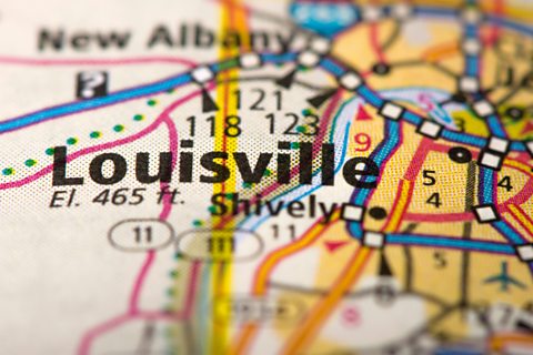 Closeup of Louisville, Kentucky on a road map of the United States