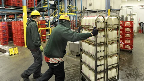 Getty Images Workers load milk onto trucks at the Oakhurst dairy plant in 2013 (Credit: Getty Images)