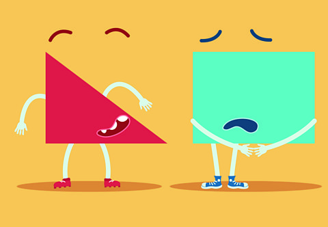 A triangle and a rectangle characters standing next to each other.