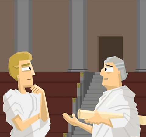 Two Roman senators in discussion.