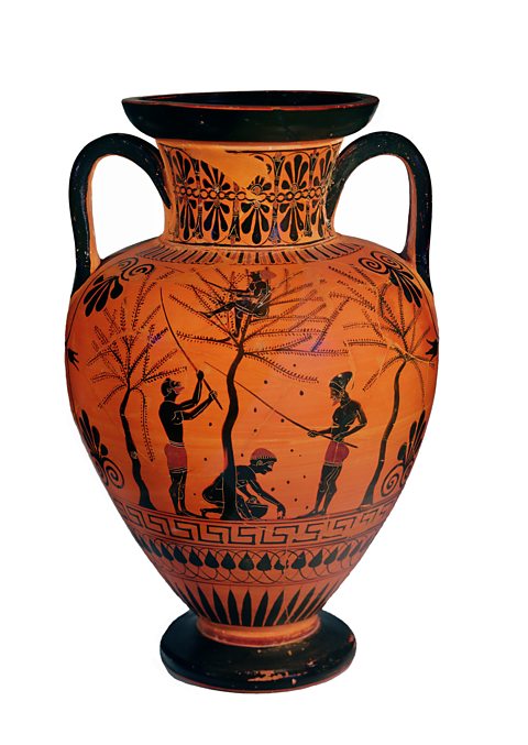 A ancient Greek jar showing people harvesting olives.