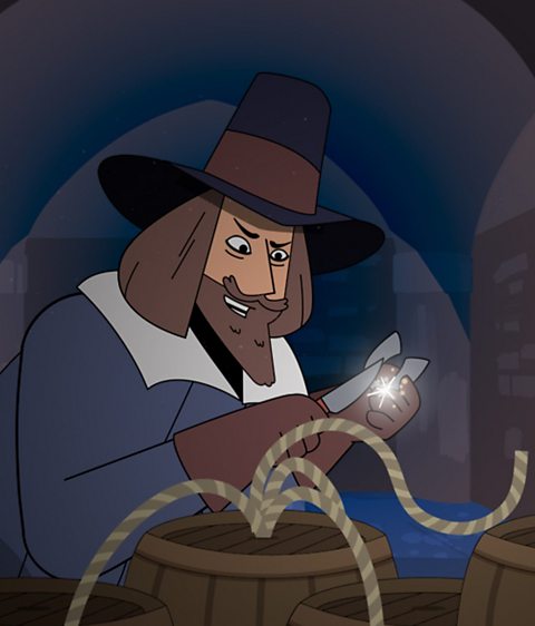 Guy Fawkes secretly lighting a barrel of gunpowder in a tunnel.