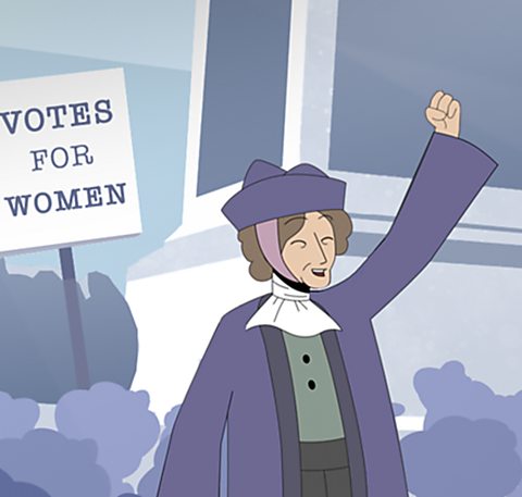 Emmeline Pankhurst celebrating in front of a monument