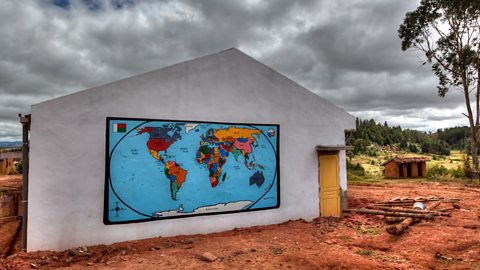 Map of the world painted on the wall of a school