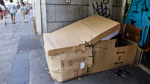 A cardboard shelter in Plaza Alonzo Martinez.