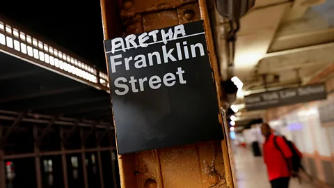 Reuters After word broke on 13 August 2018 that Franklin was ‘gravely ill’ this makeshift tribute to her appeared at the Franklin Street subway station in New York city (Credit: Reuters)