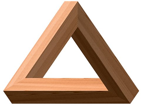 Image of a Penrose Triangle, an impossible illusion that appears to loop round and round