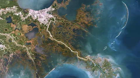 Getty Images In this image of the Mississippi delta, New Orleans is in the upper left, Biloxi Marsh is further right and the river runs from upper left to lower right (Credit: Getty Images)