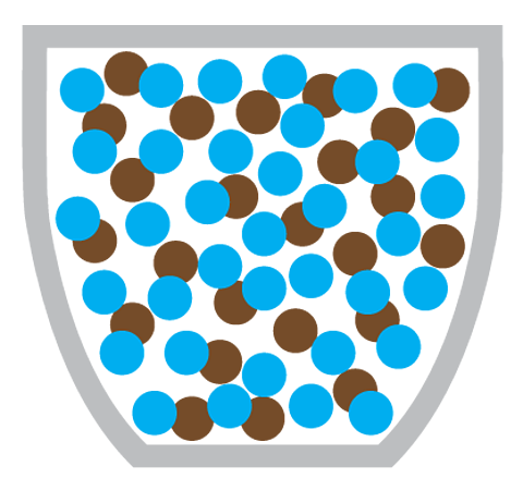 Coffee molecules evenly spread out through cup of water.