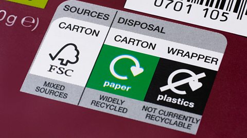 Food packaging label with the FSC logo with recycle logos for paper and plastic.