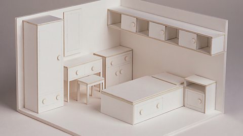 A 3D model of a bedroom with a bed, customised drawers, a dressing table and a wardrobe.