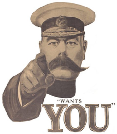 Original recruitment poster of Lord Kitchener pointing at the viewer