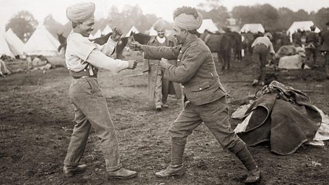 Indian soldiers serving with the British Army engage in a friendly boxing match circa 1916.