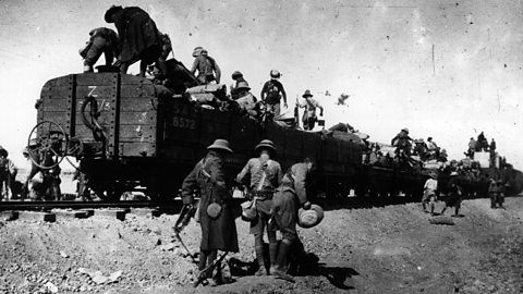 Rhodesian soldiers getting off a train in the desert in South West Africa in September 1915.