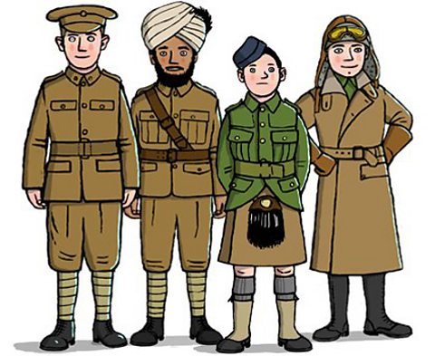 An illustration of army, navy and air force men in World War One.