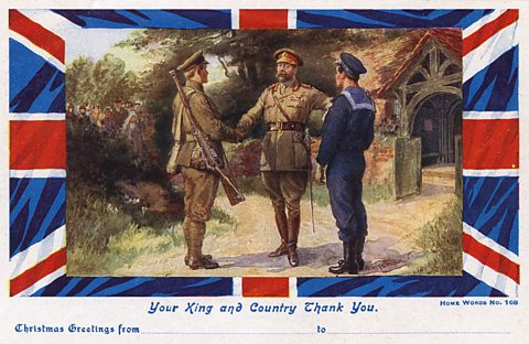 Postcard showing King George V offering thanks to the Army and Navy, Christmas 1918