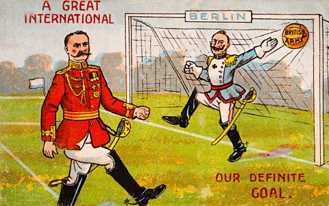 Colour illustration of a British army officer scoring a goal against a German officer, circa 1914