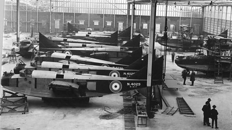 Military planes in the Short Brothers factory.