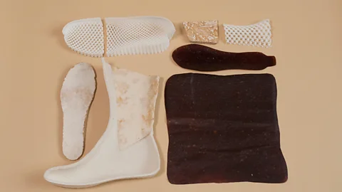 George Ellsworth, Caskia/Growing a MarsBoot While most of the boot is made out of mycelium, the white sole is individually shaped 3D-printed plastic (Credit: George Ellsworth, Caskia/Growing a MarsBoot)