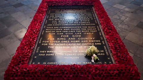 The Unknown Warrior's tomb in Westminster Abbey, with Meghan Markle's wedding bouquet 