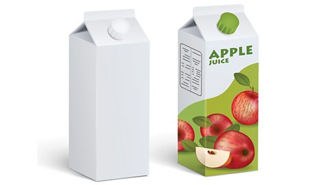 Two angled Tetra Pak cartons - one is blank and one has an apple juice label on it.