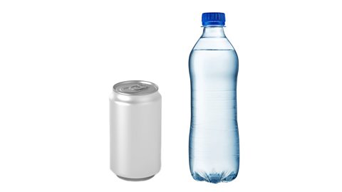 A silver aluminium can and plastic bottle of water with a blue cap on a white background.