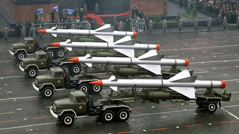 Getty Images Surface-to-air missiles on parade in Red Square on the 65th anniversary of the October Revolution (Credit: Getty Images)