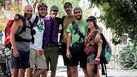 La Pájara Ciclomensajería 30-year-old Cristina Robles, right, recently joined bicycle a delivery cooperative. She finds the job more fulfilling than working in TV (Credit: La Pájara Ciclomensajería)