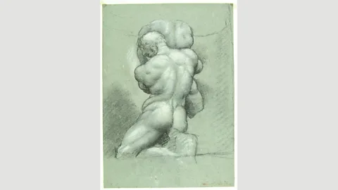 Veneranda Biblioteca Ambrosiana, Pinacoteca – Milan In Andrea Odoni, Lotto features Hercules in various poses – like the one shown in this drawing of Hercules and Antaeus, attributed to Lotto