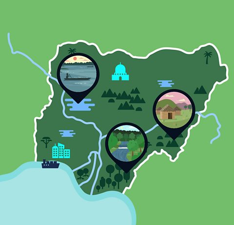 A map of Nigeria showing its rivers, forests and cities 