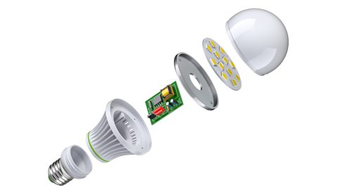 A lightbulb has been split into six separate components as part of a product disassembly.