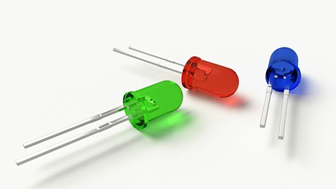 A red, a blue and a green diode against a white background.