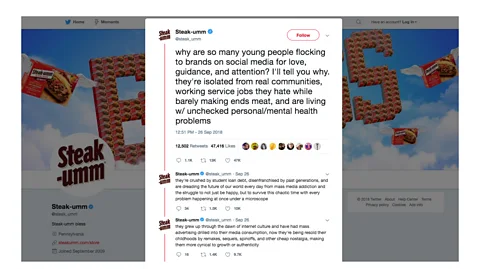 @steak_umm 27-year-old Nathan Allebach's spontaenous Twitter rant on the Steak-umm account touched a nerve with other fellow millennials, and ended up going viral (Credit: @steak_umm)