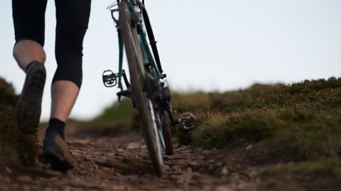 A person walking up a track pushing a mountain bike.