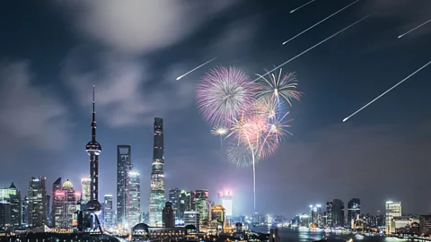 Astro Live Experiences A simulation of an artificial meteor shower above the Shanghai skyline (Credit: Astro Live Experiences)