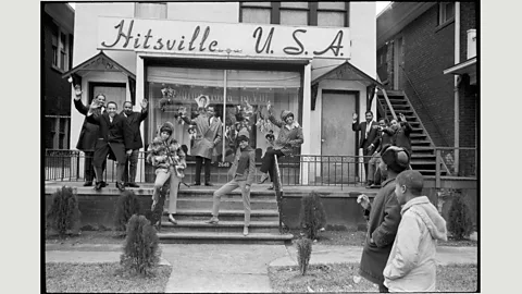 Library of Congress, from Motown: The Sound of Young America, Thames & Hudson With The Supremes, Berry Gordy hails of the Motown house band, left, and his Holland-Dozier-Holland hitmakers in 1965
