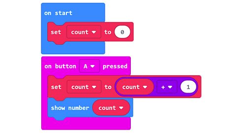 Using block-based editing to code a simple timer - when button A is pressed the counter adds one.