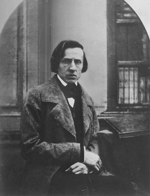 A black and white photograph of Chopin.