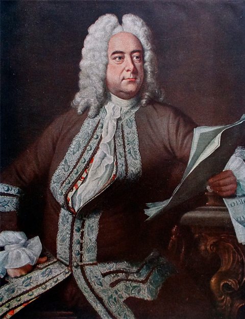 A portrait of Handel holding sheet music.