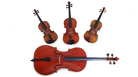 A photograph of the instruments used in a string quartet. 