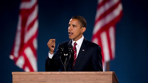Barack Obama gives a speech in Chicago after winning the 2008 presidential election