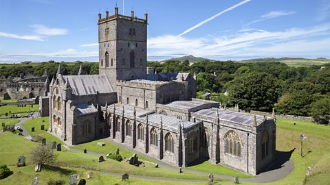 High angle view of Cathedral with Romanesque and English Gothic architecture