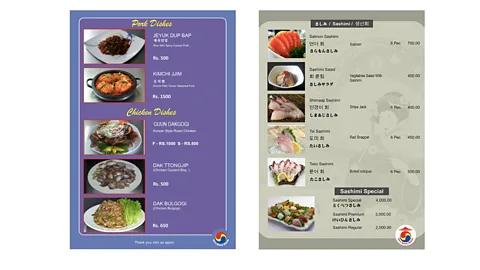 New Seoul Hotels Korean and Japanese menus from New Seoul Hotels in Chennai (Credit: New Seoul Hotels)