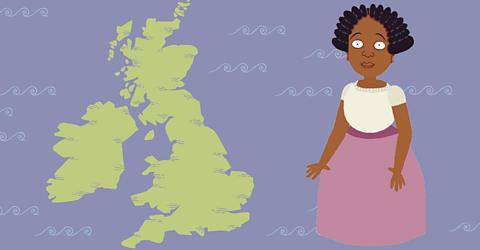 Mary Seacole standing next to a map of the British Isles.