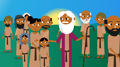 An illustration of an white haired elderly man carrying a staff and stood with others in front of a setting sun.